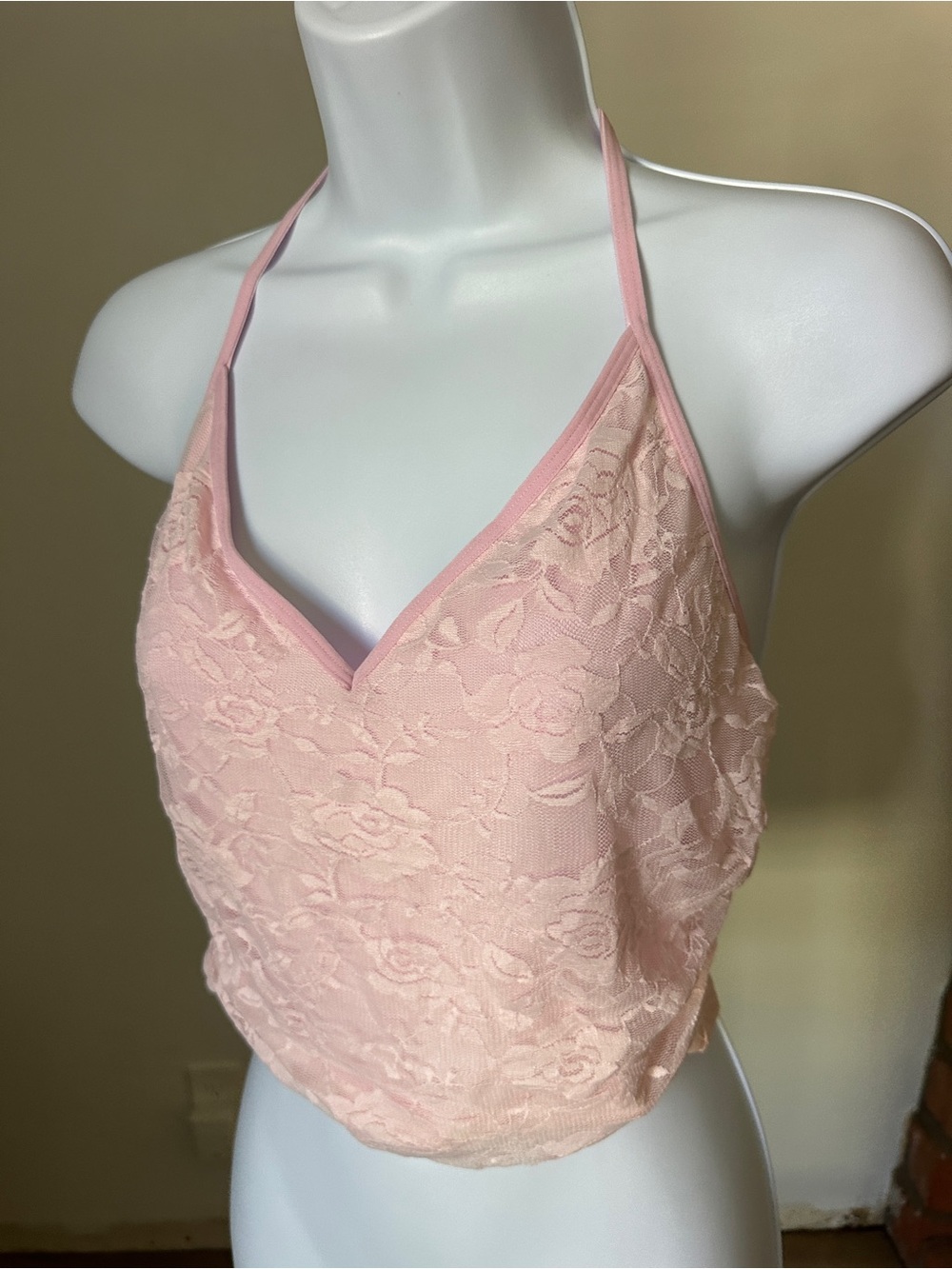 Soft Lace Halter Crop Top in Light Pink